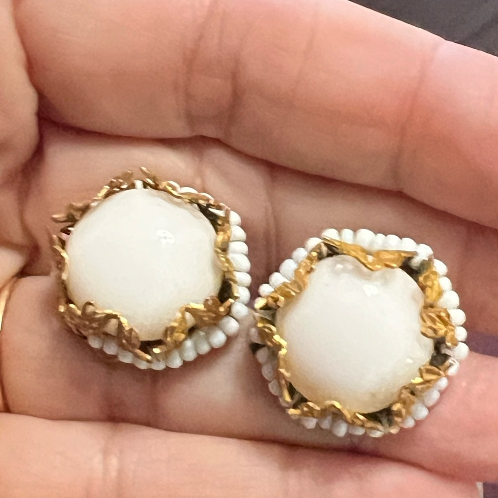 Miriam Haskell Vintage Signed Milk Glass and Gold Filigree Earrings
